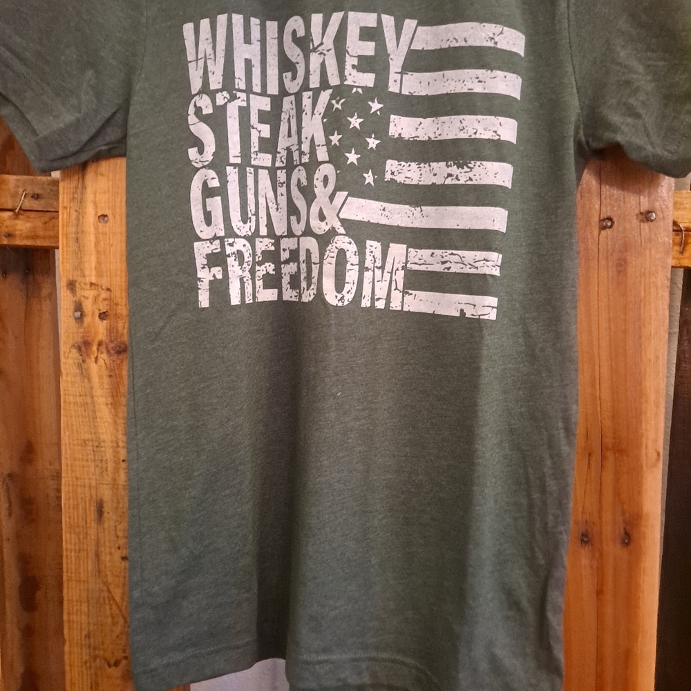 Graphic T-Shirt - Whiskey, Steak, Guns & Freedom - Hunter Green